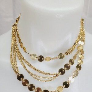* 50" long gold tone necklace circle detail multi strand detail mid century
